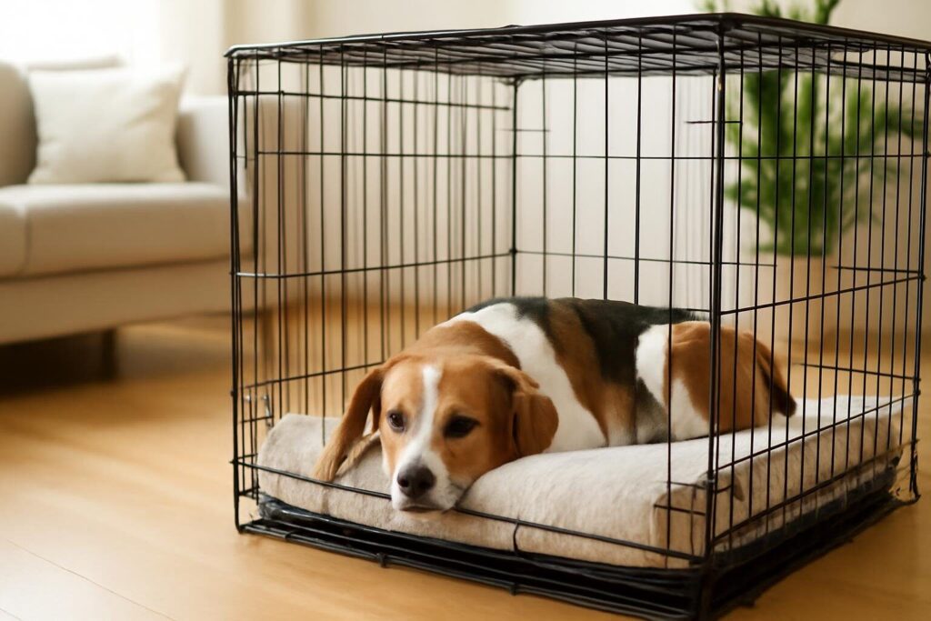 Hond ligt in een hondenbench in de woonkamer