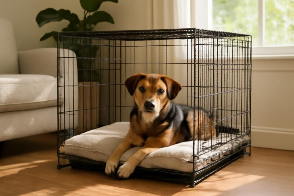 Hond ligt rustig in een hondenbench in de woonkamer