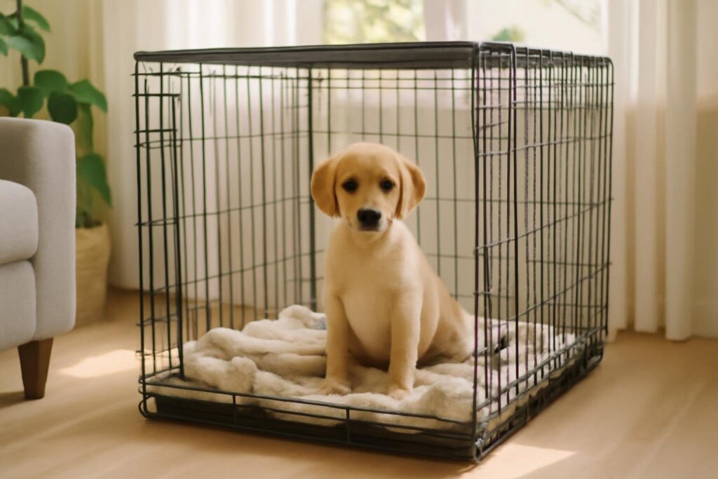 Puppy in een open draadbench met een zacht kleedje in de woonkamer