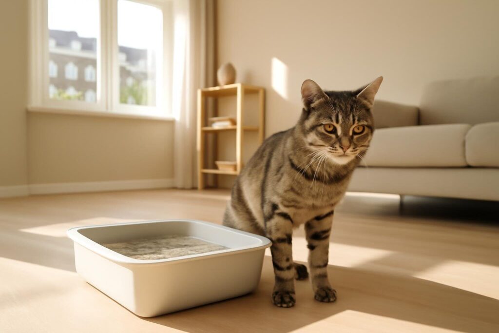 Kat staat naast een kattentoilet op een houten vloer in een heldere kamer