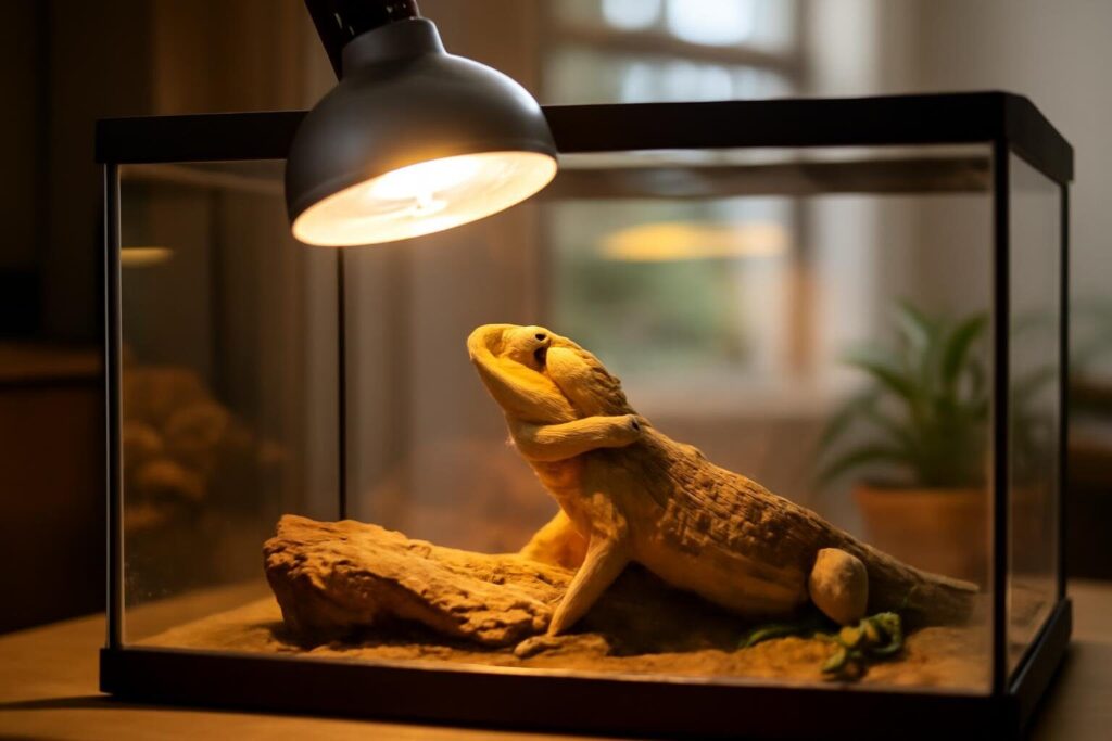 Reptiel onder een UVB-lamp in een terrarium, met duidelijke afstand tussen dier en lamp zichtbaar