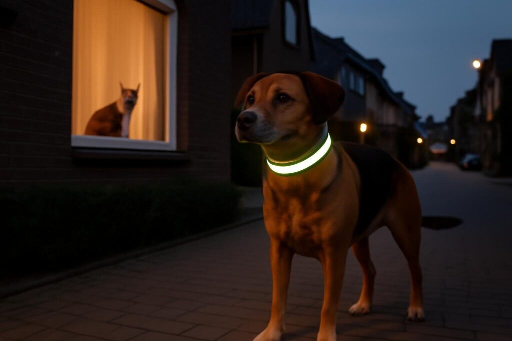 Hond met reflecterende halsband tijdens een avondwandeling in de wintertijd